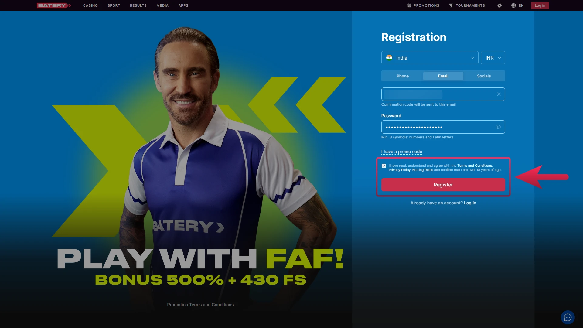 Agree to the terms and conditions to finish Batery registration.